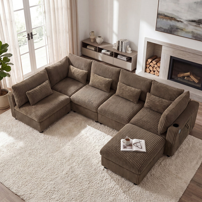 6 Seater Corduroy Sectional Sofa with Movable Ottoman & Usb Cup Holder Storage Corner Couch, Brown Corduroy
