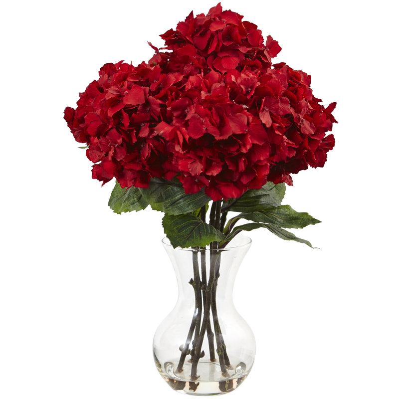 Red Silk Hydrangea Arrangement in Glass Vase