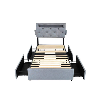 Twin Bed Frame, Charging, Led Modes, Headboard, Storage Drawers, With 14 Wooden Slats And 9 Metal Legs Speed by Ivy Bronx