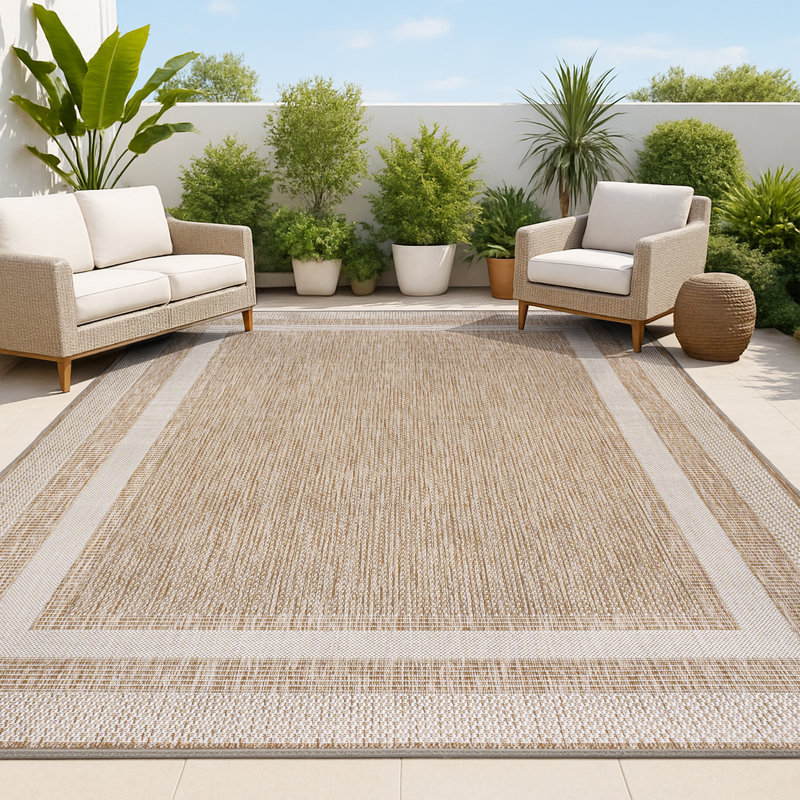 Caherty Dover Classic 3-Stripe Border Beige/Cream Indoor/Outdoor Rug, Rectangle 7'10" x 10'