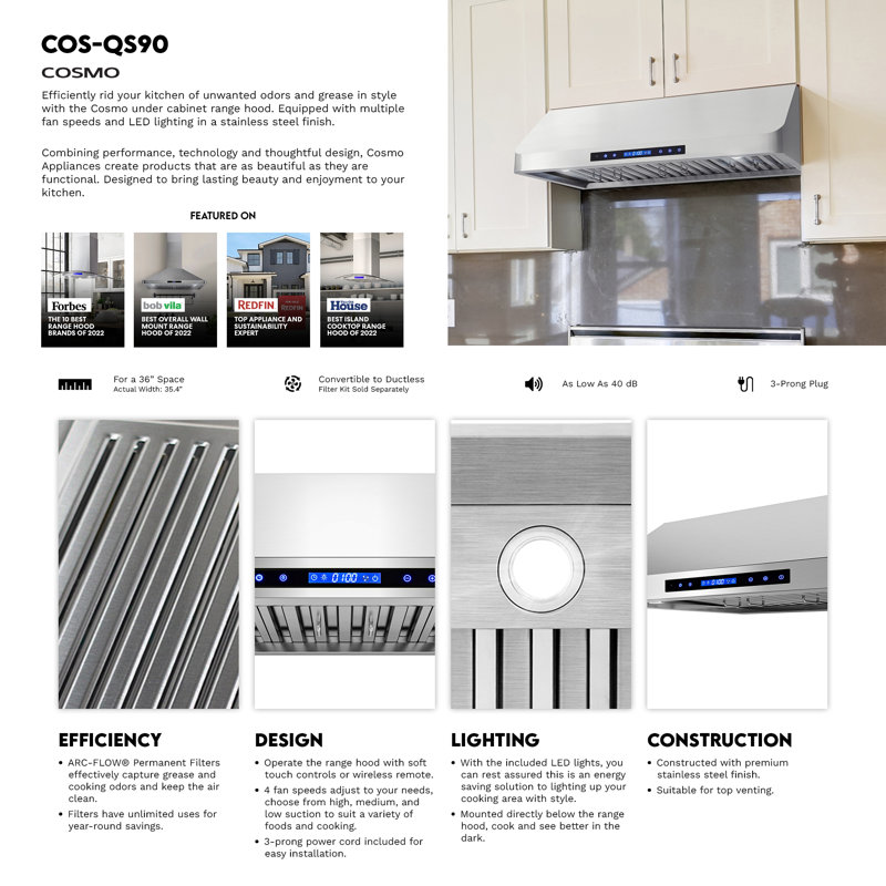 Hotte sous un meuble à conduit 36 po QS Series Cosmo Haven, commandes tactiles, lumières DEL, acier inoxydable