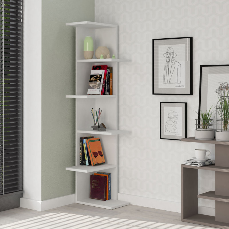 Modern White Bookshelf, 5-Tier Design, 14.6 x 55.5 x 9.4 inches | 100% Melamine Coated Particle Board, Thickness: 0.7 inches | Wall-Mountable, 33 lbs Shelf Capacity | Stylish & Functional Storage for Home or Office