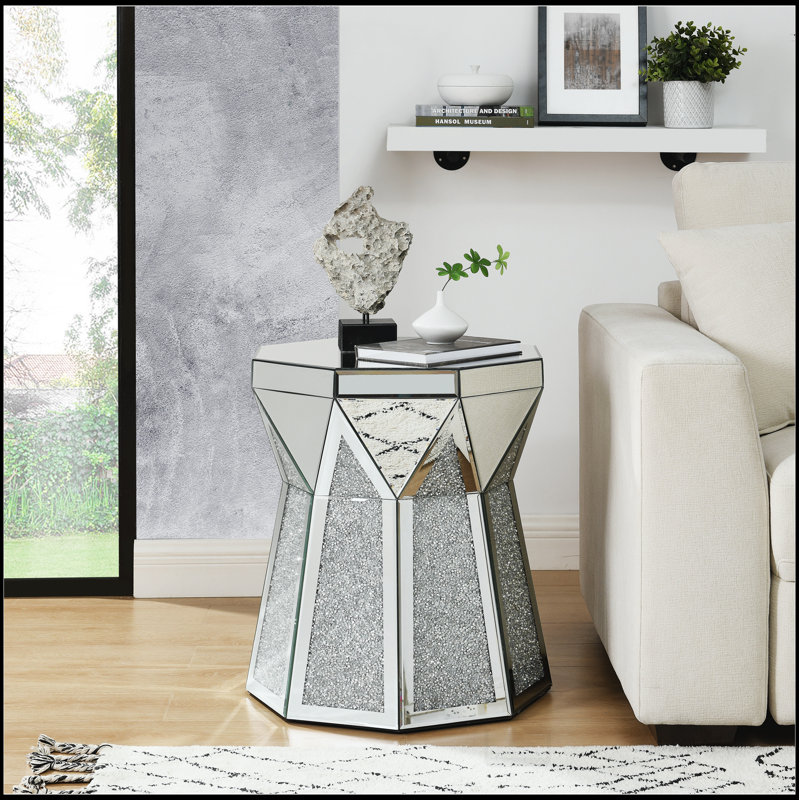 Table basse de style tambour avec incrustation de cristal miroir, table décorative argentée, meuble moderne de luxe moderne, table basse de 20 pouces (environ 50 centimètres), convenant au salon