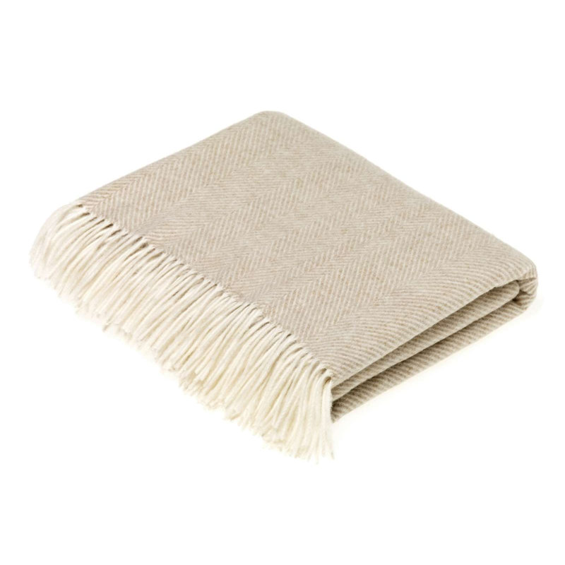 Merino Lambswool Throw/Blankets Hand Woven Blanket, Beige Herringbone