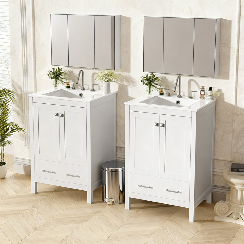Meuble-lavabo de salle de bain avec lavabo encastré intégré avec tiroir divisé et tablette de porte à double couche, Blanc