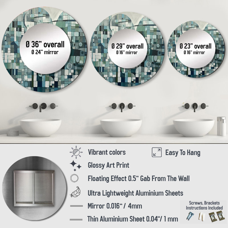 Radmila Blue And Green Bohemian Medley - Boho Mosaic Large Mirror, Modern Round Unique Wall Mirror Decor, Printed Metal Art