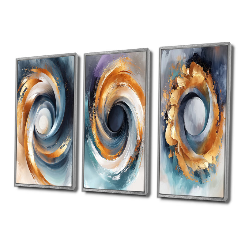 Vortex fractal I - Collection de 3 grands panneaux muraux modernes, H 28 po x l 36 po, Argent argent