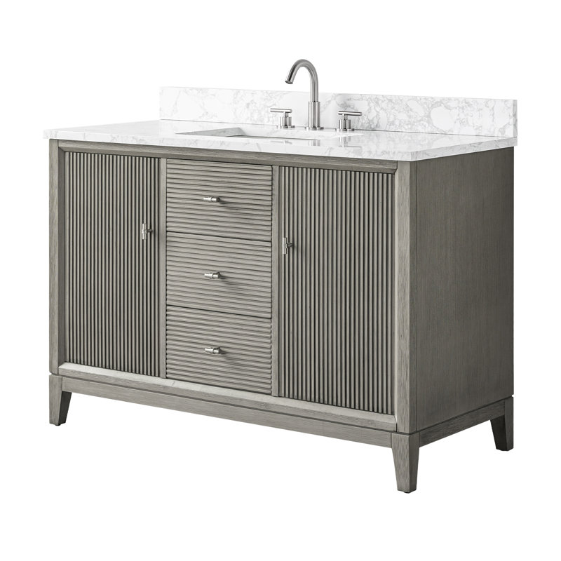 Ensemble de meuble-lavabo autoportant 48 po avec plateau en marbre Caldwell, Nickel brossé, Bois flottant gris