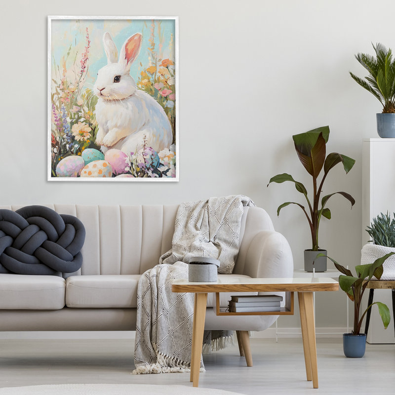White Easter Bunny in Wildflowers Framed Giclee, design by The Prints Vibe, 30 x 24, Coastal White Giclee Framed