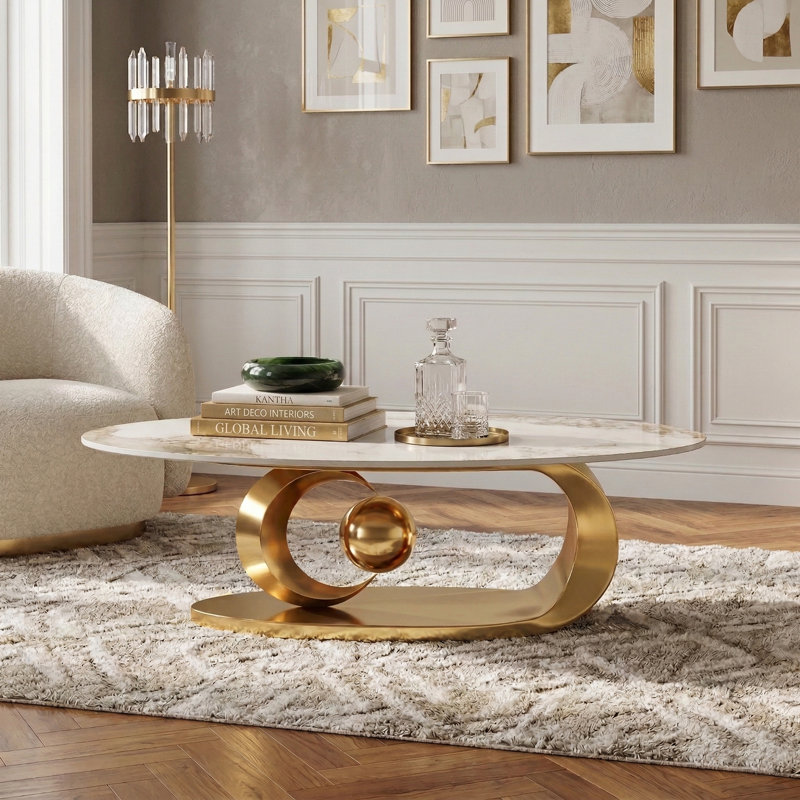 Cogliandro 51.2" Oval Faux Marble Coffee Table, Gold Stainless Steel Base With Abstract Fantastic Midsize Sphere Crescent-Shaped Design