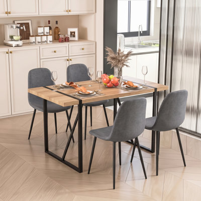 5-Piece Modern Industrial 55" Rectangular Wood Dining Table Set with Upholstered Chairs