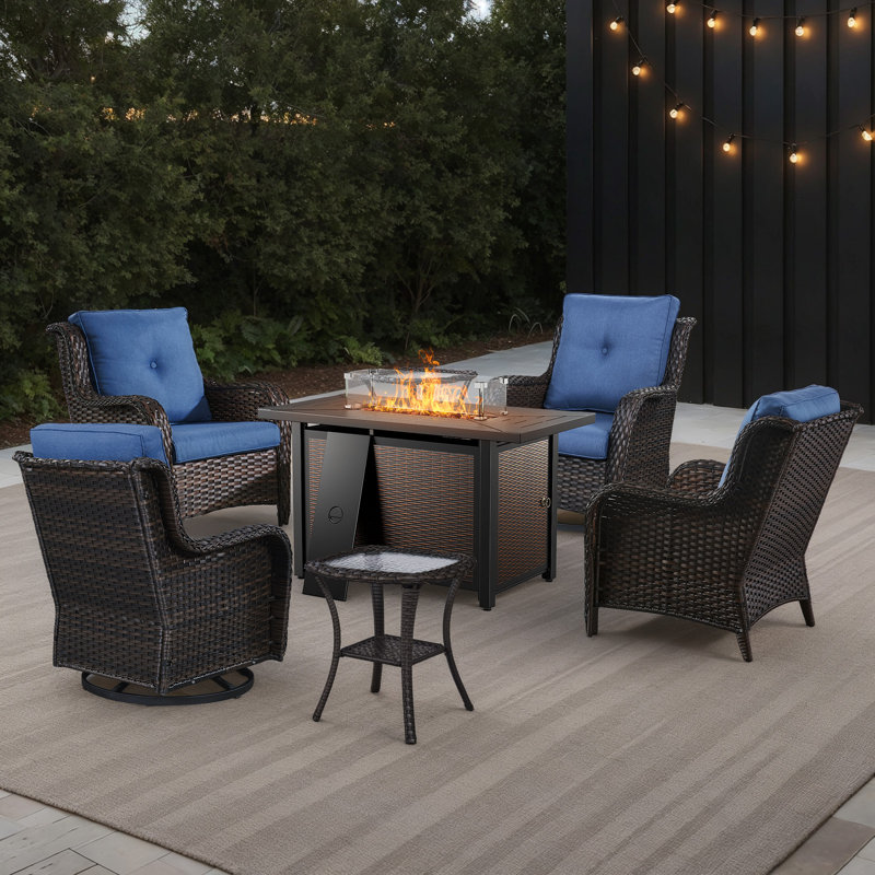 Wendye 7-Piece Outdoor Set With Fire Pit Table, Swivel Chairs & Side Tables For Patio, Blue