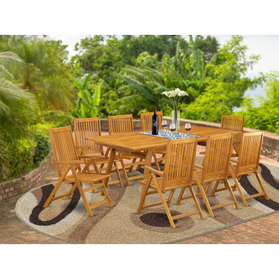 Les ensembles de salle à manger de patio 9 pièces pour l'extérieur comprennent une table rectangulaire en bois d'acacia et 8 fauteuils pliables réglables, 40 x 72 pouces, huile naturelle