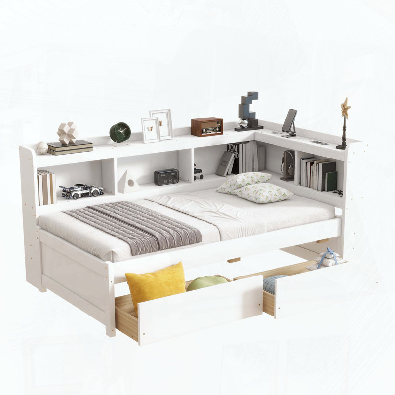 Twin L-Shaped Bookcase Bed with Power Outlets and USB Charging, Twin, White