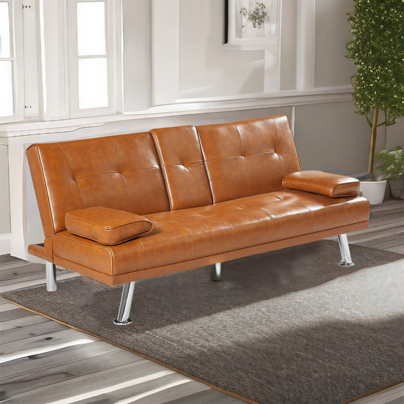 66'' Faux Leather Convertible Sofa, Tan Faux leather