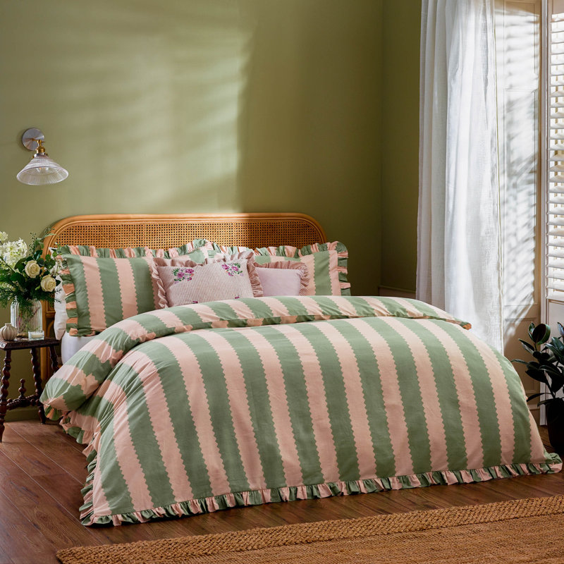Birdie Stripe Cotton Blend Striped Duvet Cover Set with Pillowcases, Pink/Green