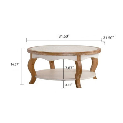 Table basse ronde de 80 cm avec rangement ouvert - Bois massif et MDF + plateau en verre trempé, style table basse à 2 niveaux pour salon (finition bois blanc et naturel)