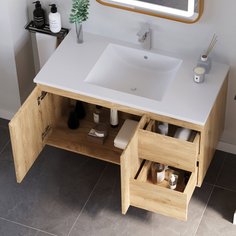 Meuble-lavabo flottant 36 po avec lavabo, deux tiroirs et portes, armoire de rangement murale 36 po avec lavabo en céramique encastrable