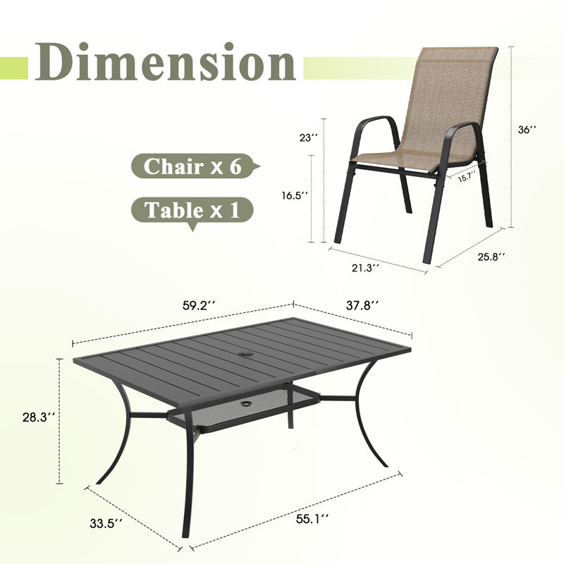 Ensemble repas d'extérieur rectangulaire pour 6 personnes avec chaises empilables Textilene, Brun