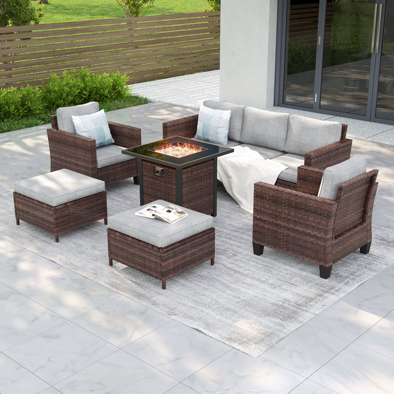 Ensemble de canapés de patio 6 pièces avec foyer de 28 po, osier en rotin PE pour patio, terrasse et cour, Lin gris, Brun