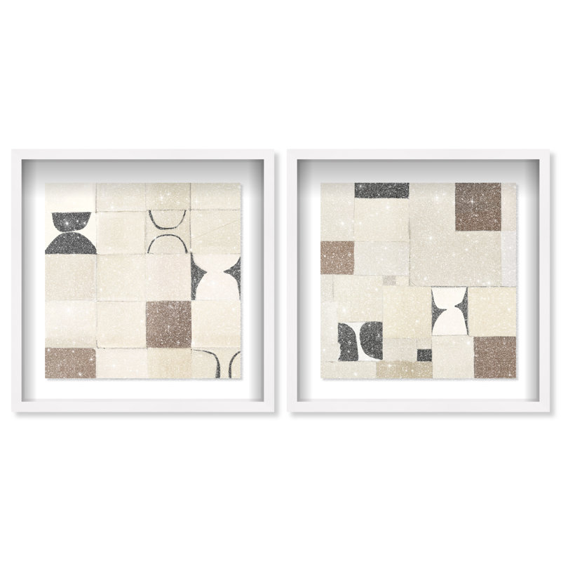 Boho Tiles Set Shadowbox Abstract Print by Oliver Gal, Black Frame, 12 x 12, 17.5" H x 17.5" W, White Shadowbox