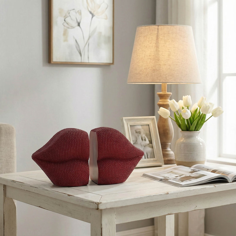 Ensemble de 2 serre-livres en résine et perles de couleur rouge brillant pour décoration intérieure et de bureau