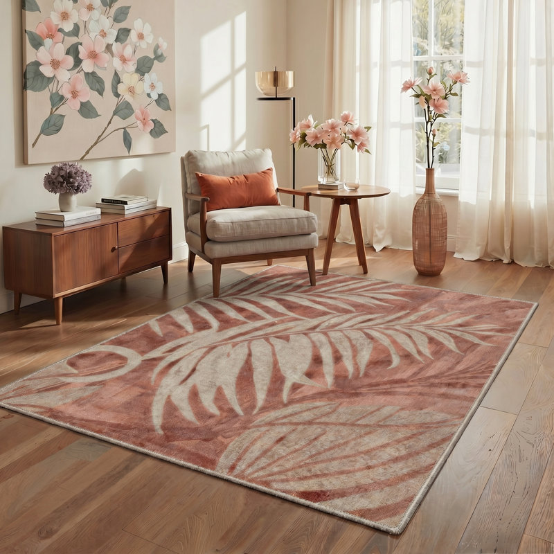 Tapis d'intérieur rouge / beige lavable à la machine Veranda avec envers antidérapant, Rectangulaire 8 pi x 10 pi