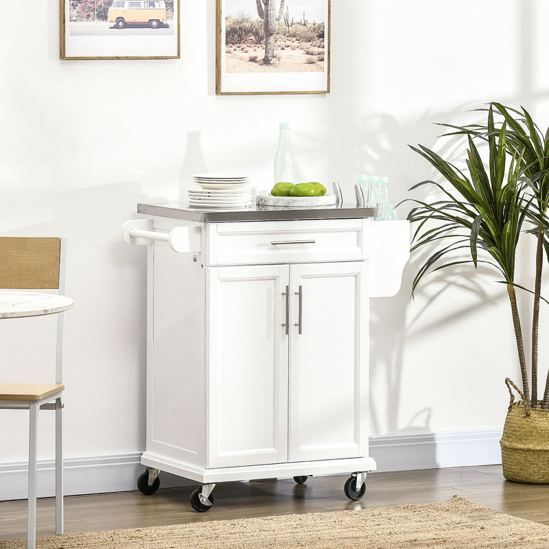 HOMCOM Kitchen Island On Wheels, Rolling Kitchen Cart With Stainless Steel Countertop, Drawer, Towel Rack And Spice Rack, Utility Storage Trolley,