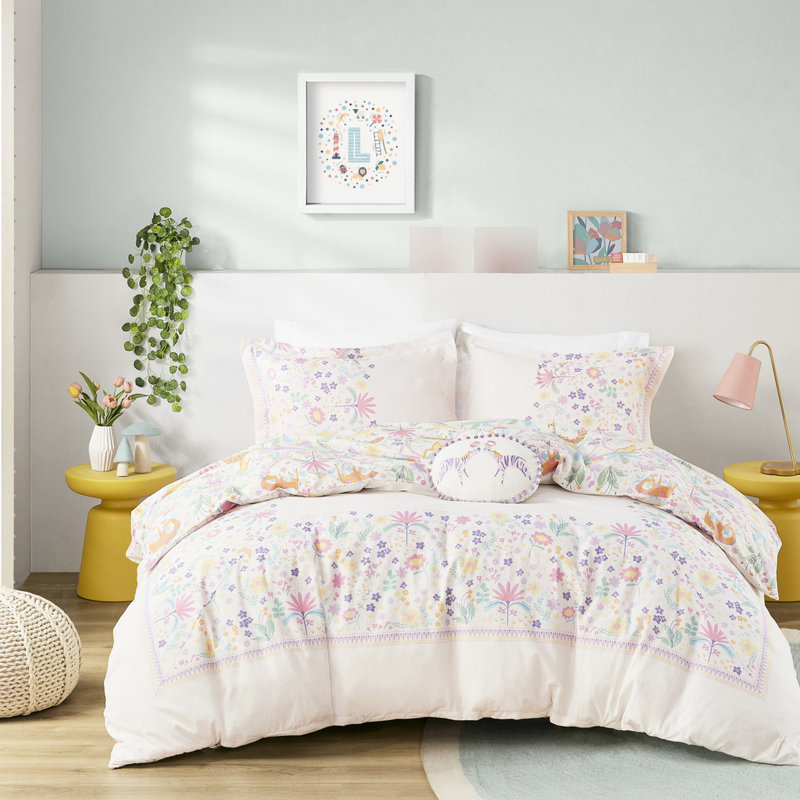 Housse de couette simple avec fonction réversible et motifs floraux en coton colorés et coussin rond