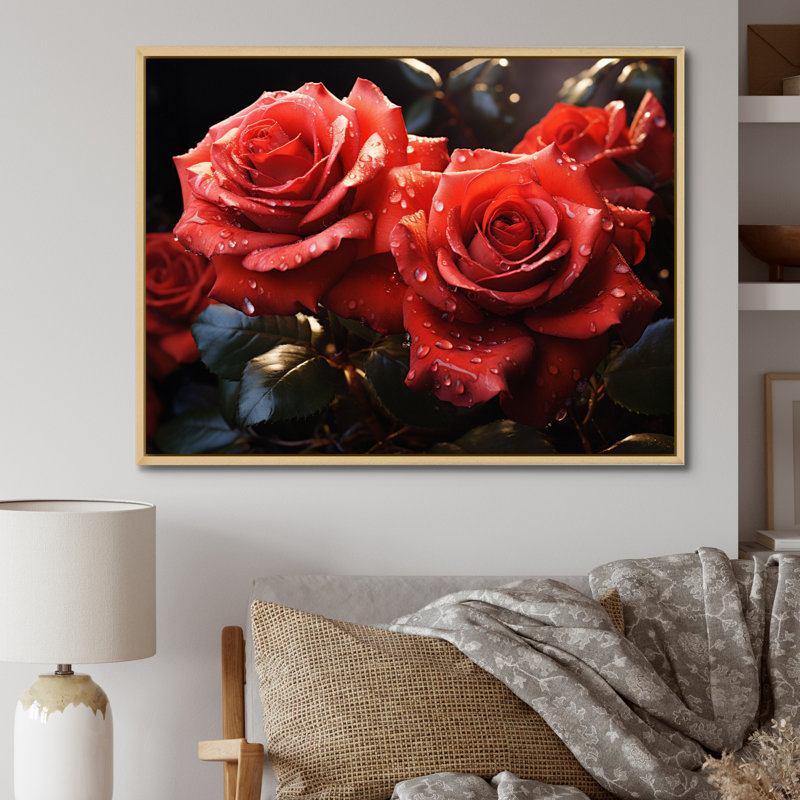 Roses rouges et noires lustrées du matin, H 16 po x l 32 po x P 1 po, Cadre naturel flottant