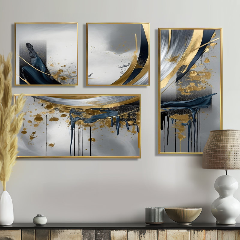 Shapes And Lines Abstract Marble V - Abstract Marble, reproduction d'art sur toile 4 pièces, Doré