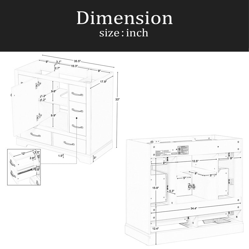 Meuble-lavabo de salle de bain sans lavabo, base d'armoire seulement, six tiroirs, séparateur de tiroir multifonctionnel, tablette réglable