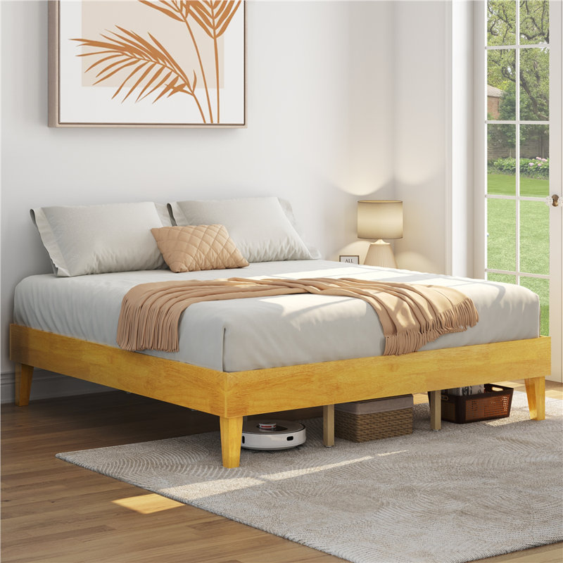 Multi-sized Wooden Platform Bed Frame with Sturdy Slat Support, Natural Wood, King