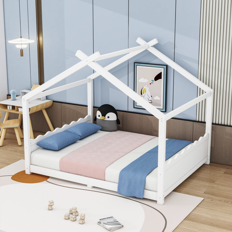 Wood House Floor Bed With Slats, White, Queen