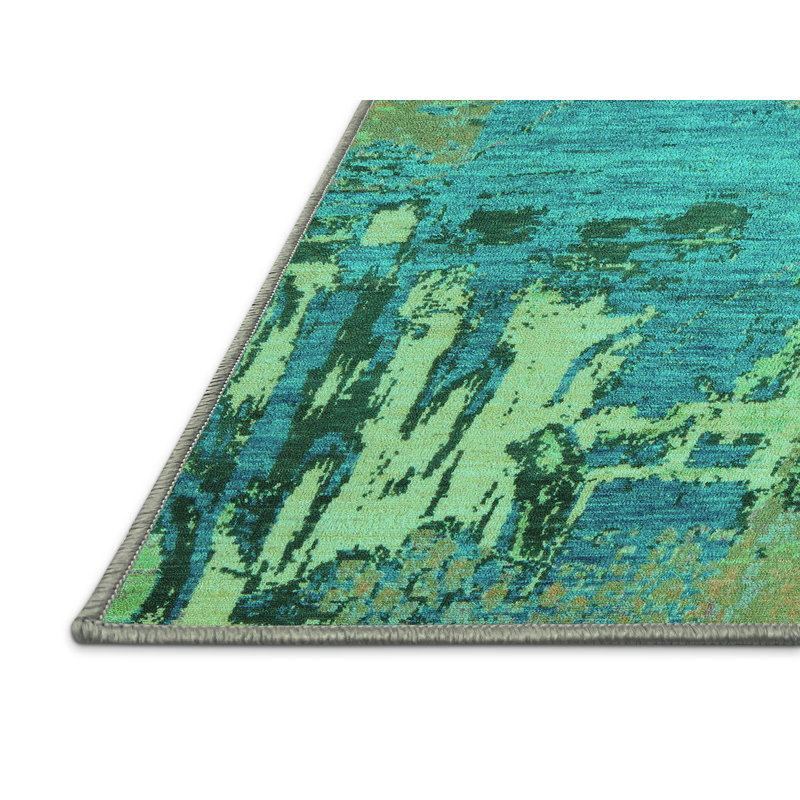 Tapis turquoise lavable à la machine Abstract 5379, Rectangle 7 pi x 9 pi
