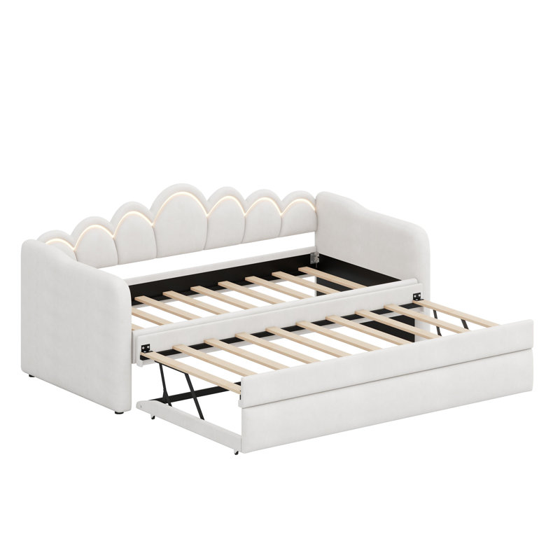 Contemporary Padded Daybed with Illumination and Multi-Position Trundle System, White