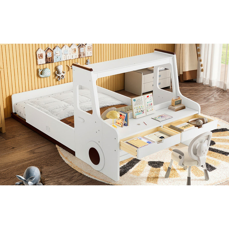 Lit voiture simple blanc - structure à profil bas avec plancher de rangement et d'étude dans une fenêtre enfantine, rangement, bureau