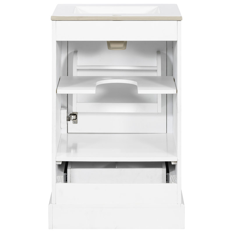 Meuble-lavabo de 20 po pour l'efficacité, lavabo en céramique, système de fermeture en douceur, tablette en U ajustable et petit tiroir compact de 20 po, cadre en bois massif, porte, organisateur de porte