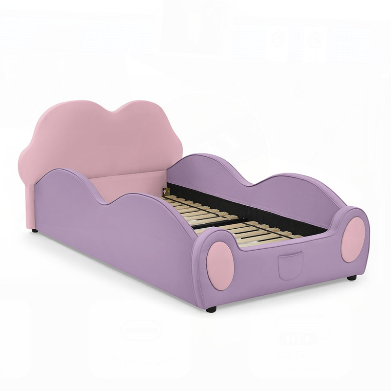 Mignon lit pour enfants en cuir de polyuréthane avec garde-corps, lit de sécurité pour tout-petits avec dessin animé et poche de rangement