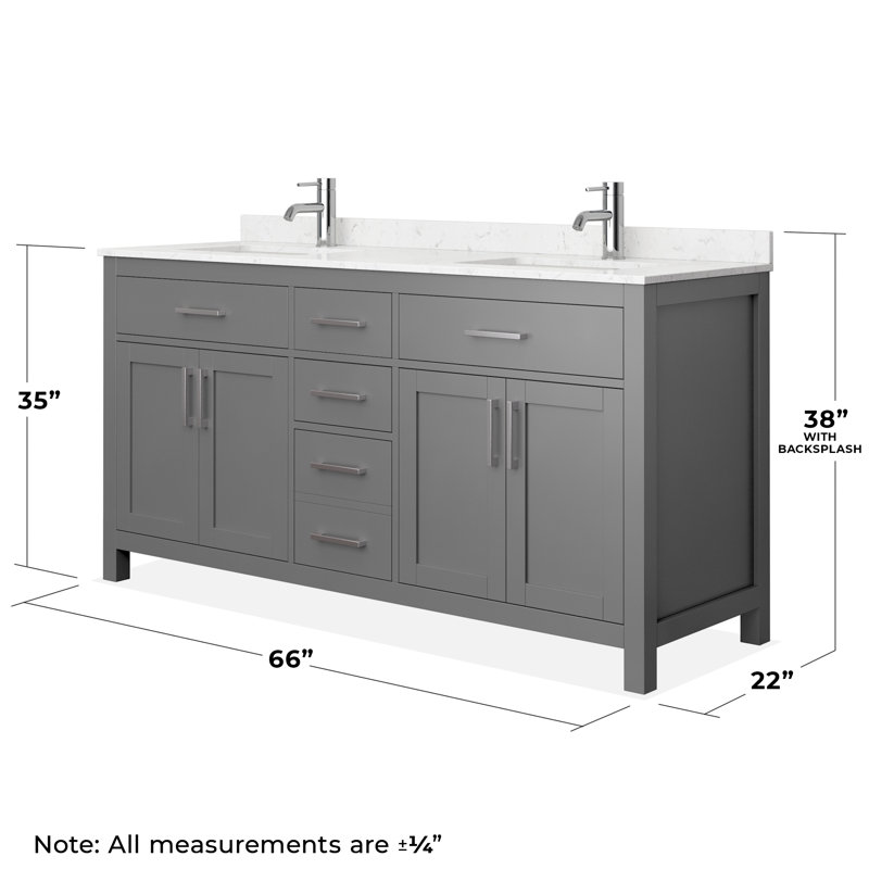 Beckett 66" Freestanding Double Bathroom Vanity with Cultured Marble Top, Brushed Nickel, Carrara Cultured Marble, Dark Gray