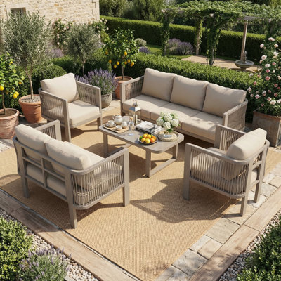 7 - Person Woven Rope Garden Lounge Set With Glass Table