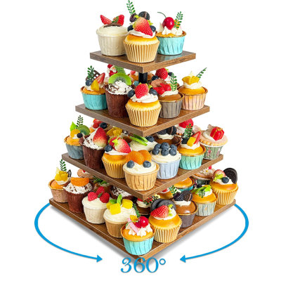 360° Rotatable Wooden Cupcake Stand – Holds 50 Cupcakes, Square Rustic Tiered Dessert Tower, Serving Display Tray for Wedding, Birthday, Baby Celebrations & Tea Party