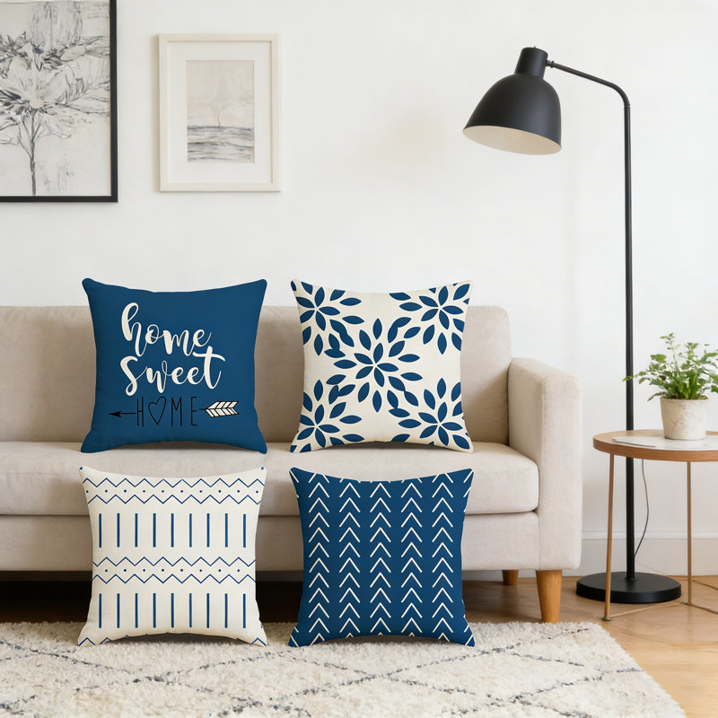 Ensemble de 4 housses de coussins décoratifs à motif géométrique en lin 18 x 18 pouces, Bleu géométrique