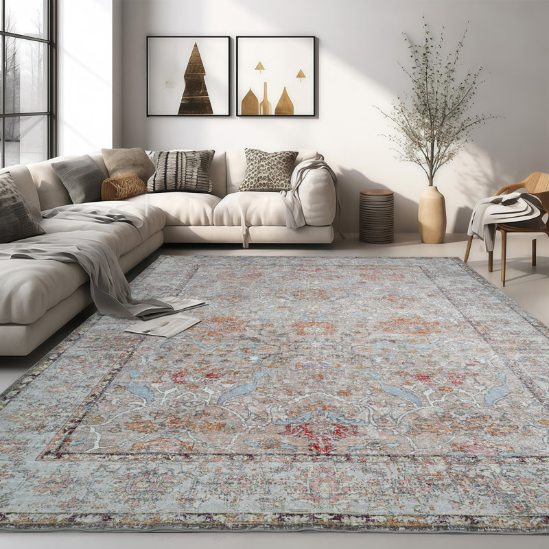 Washable Area Rug 5'X7', Ultra Soft With Non-Slip Backing & Durable Edge Binding, Vintage Large Carpets For Living Room, Bedroom, Dining Room
