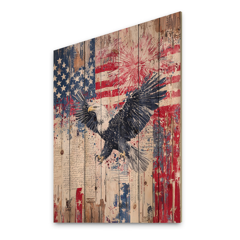 Patriotisme, aigle et drapeau américain, paysage I, H 44 po x l 34 po x P 0,78 po