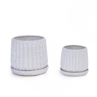 Ensemble de pots à fleurs en céramique émaillée blanche faite à la main de 2, 6 po et 8 po de diamètre, de style bambou, pour les tablettes et les orchidées d'intérieur et d'extérieur, argile respirante