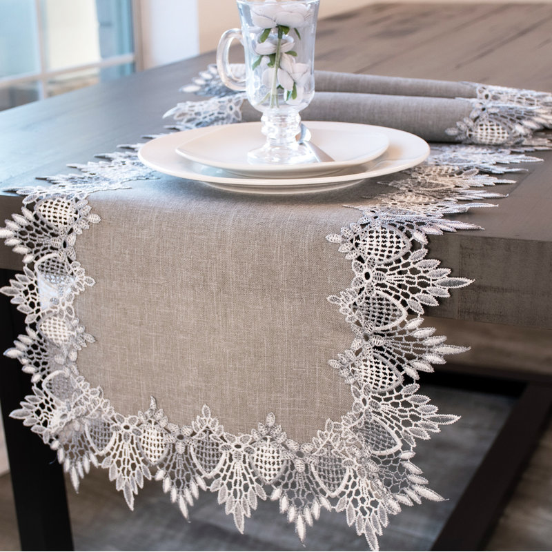 Lace Runner Earth Tone Silver Lace On Silver Fabric Table Runner, 54" L x 16" W