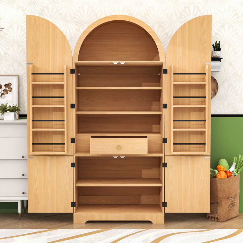 Garde-manger arqué avec portes cannelées, tablettes réglables, tiroir dissimulé et ensemble anti-basculement, Naturel