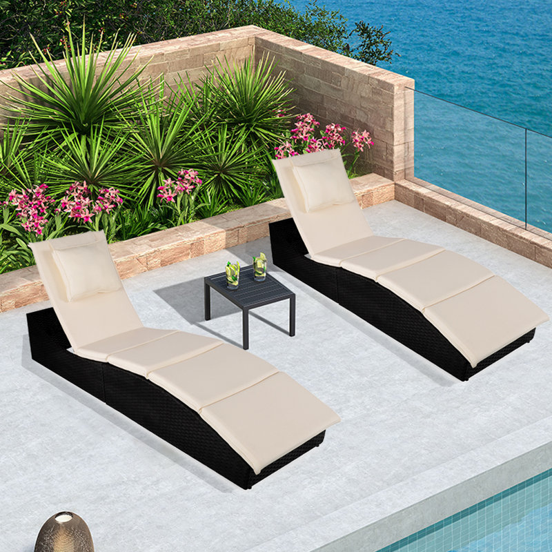 Chaise longue inclinable d'extérieur pliable avec coussins, Noir
