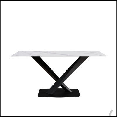63-inch Modern Artificial Stone White Dining Table with Black Metal X-Legs for Six People
